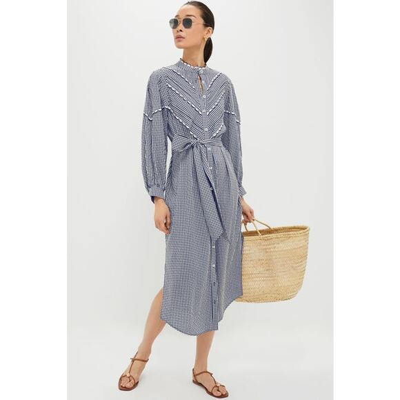 NWT Pomander Place Navy Gingham Jolene Scalloped Trim Midi Dress Navy Medium - Picture 1 of 10